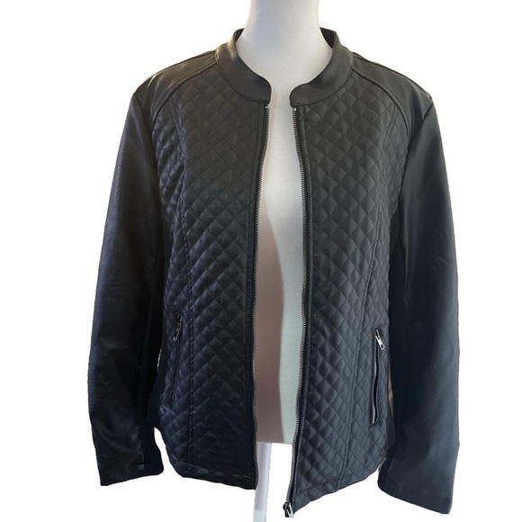 Women's Moto Vegan Leather Zip Up Quilted Jacket Large Faux Fur - Picture 1 of 8